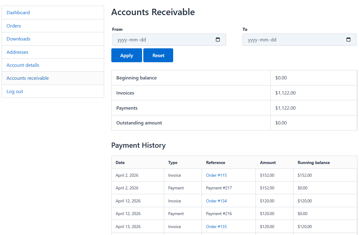 WooCommerce Accounts Receivable - Customer Statement in My Account