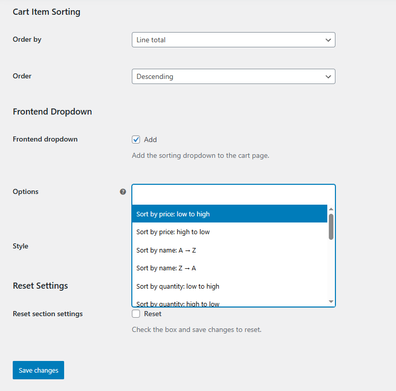 WooCommerce Cart Item Sorting Settings