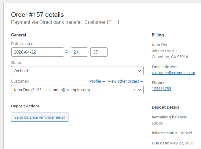 WooCommerce Deposits - Admin order summary