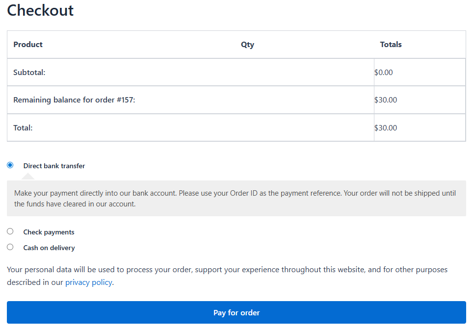 WooCommerce Deposits - Balance order