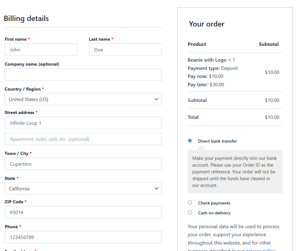 WooCommerce Deposits - Checkout