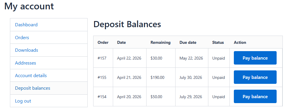 WooCommerce Deposits - My account