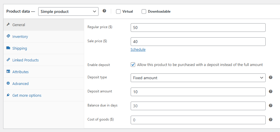WooCommerce Deposits - Product settings