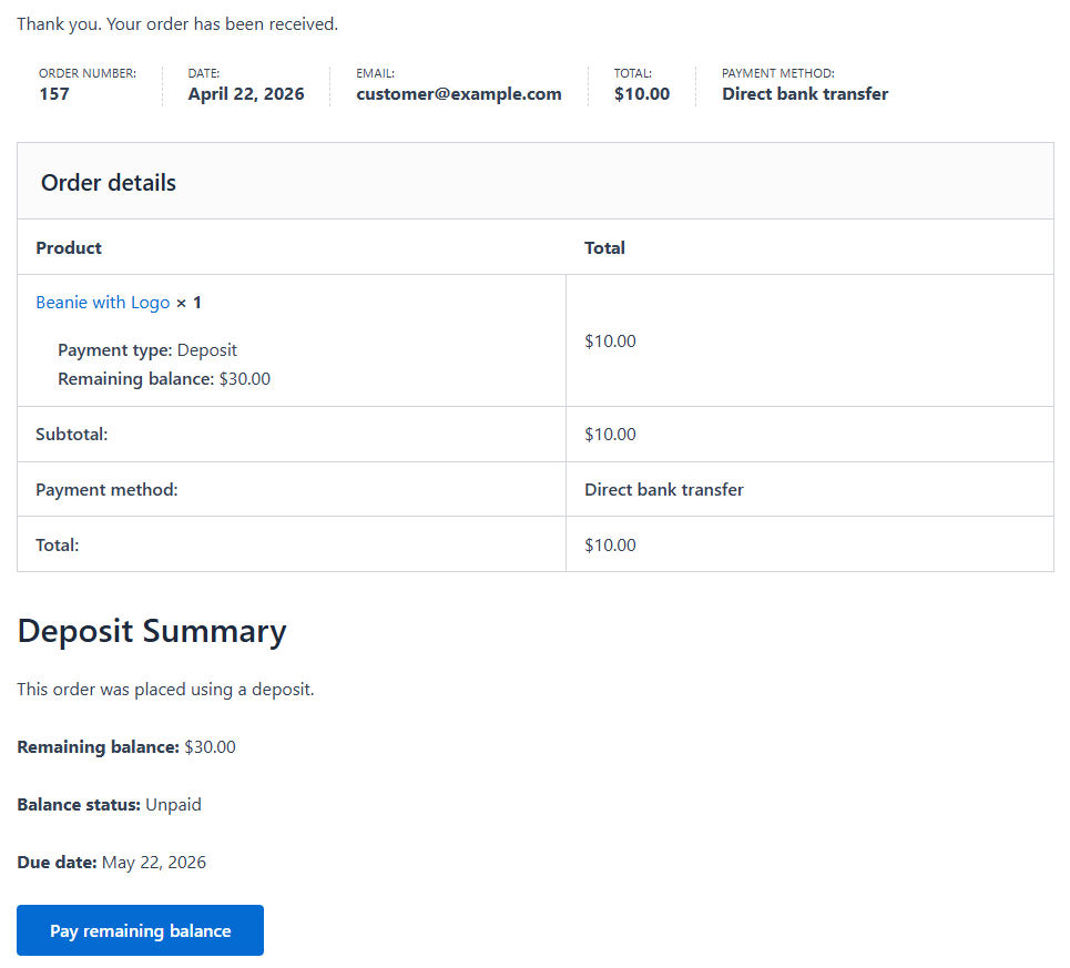 WooCommerce Deposits - Thank you page