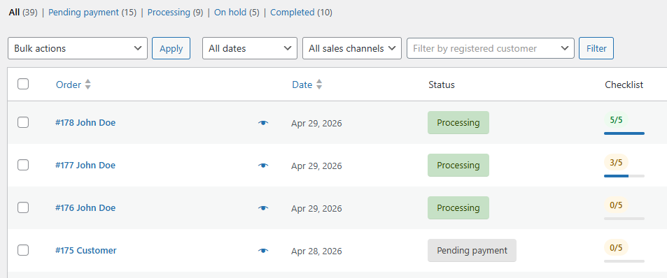 WooCommerce Order Checklist - Order list
