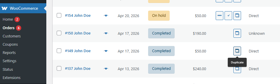 WooCommerce Order Duplicator - Duplicate button in orders list