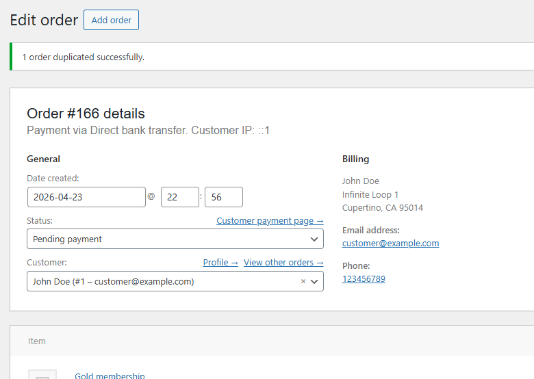WooCommerce Order Duplicator - New duplicated order created instantly