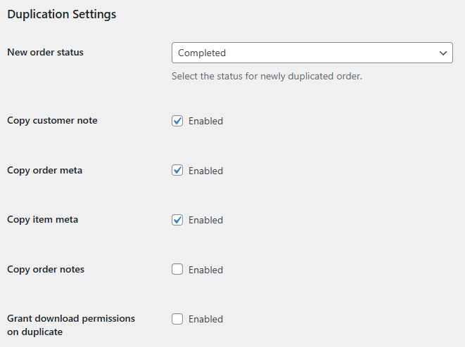 WooCommerce Order Duplicator Plugin Settings