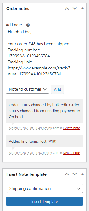 WooCommerce Order Note Templates - Order note template