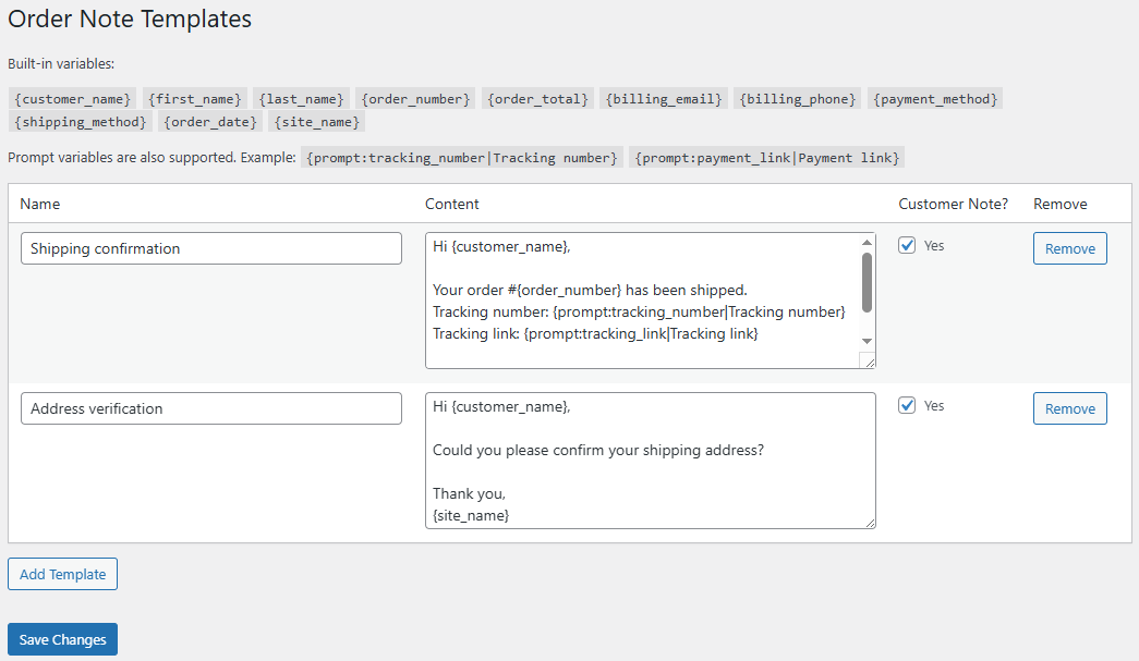 WooCommerce Order Note Templates