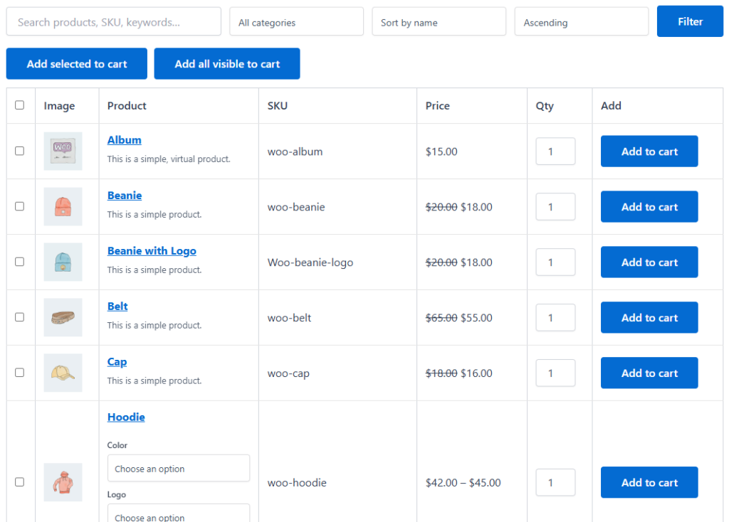 WooCommerce quick order form showing products in a table with quantity and ordering controls