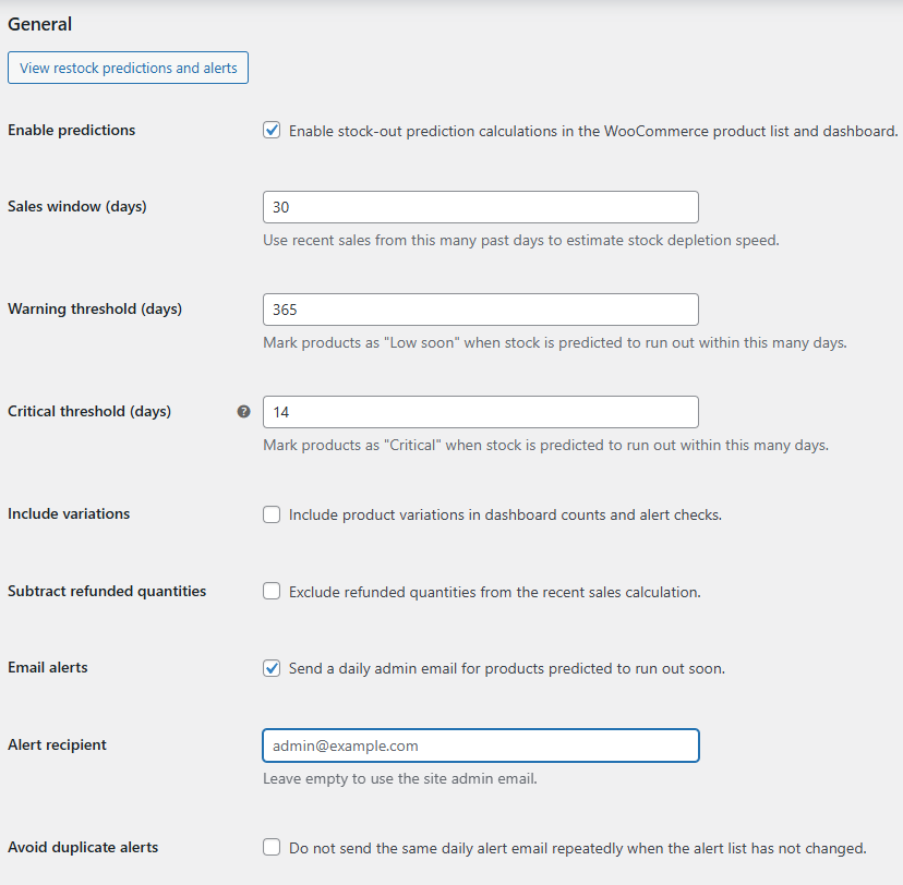 WooCommerce Restock Prediction Alerts - Settings