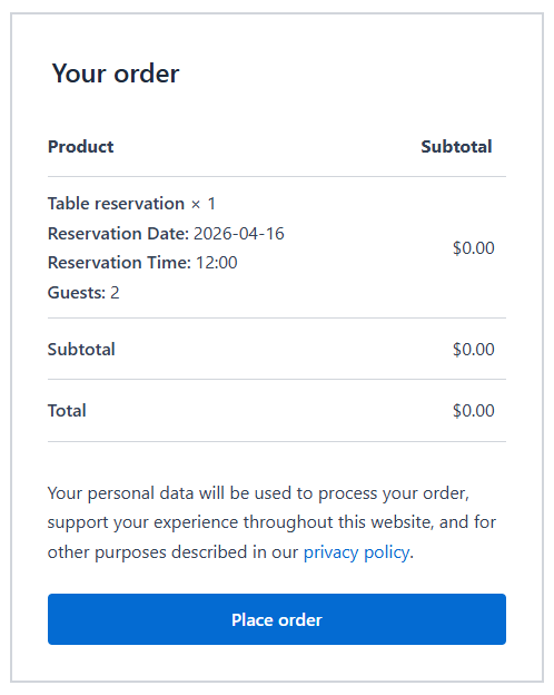WooCommerce Simple Table Reservations - Checkout