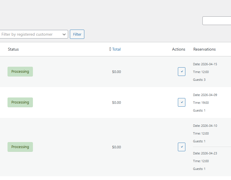 WooCommerce Simple Table Reservations - Order List