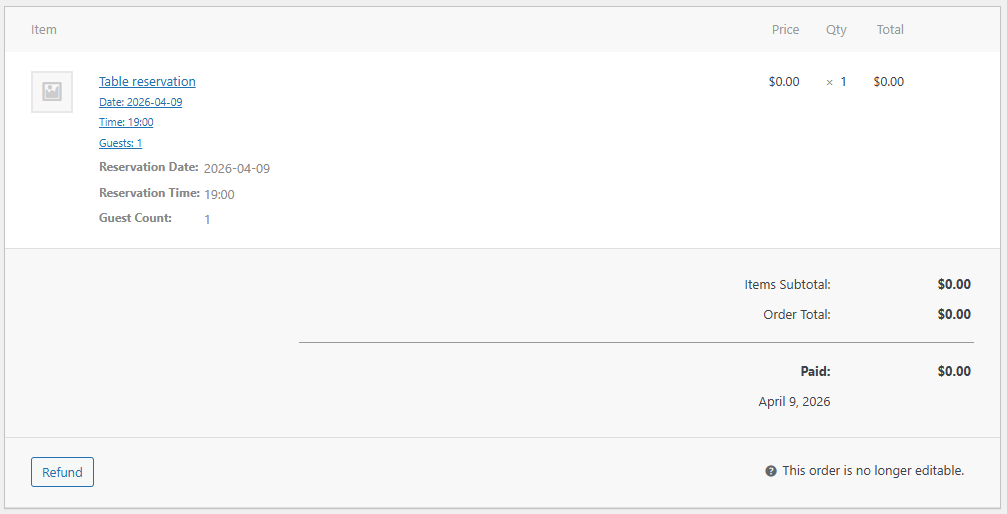 WooCommerce Simple Table Reservations - Order