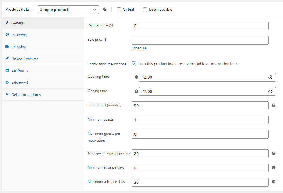 WooCommerce Simple Table Reservations - Product Settings