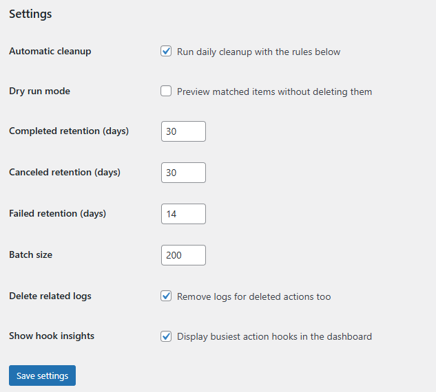 WooCommerce Smart Action Scheduler Management - Settings